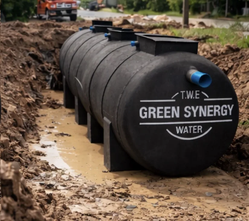 ถังบำบัดน้ำเสียชีวภาพพ่นโลโก้ T.W.E GREEN SYNERGY WATER ติดตั้งลงหลุมที่ขุดเตรียมไว้
